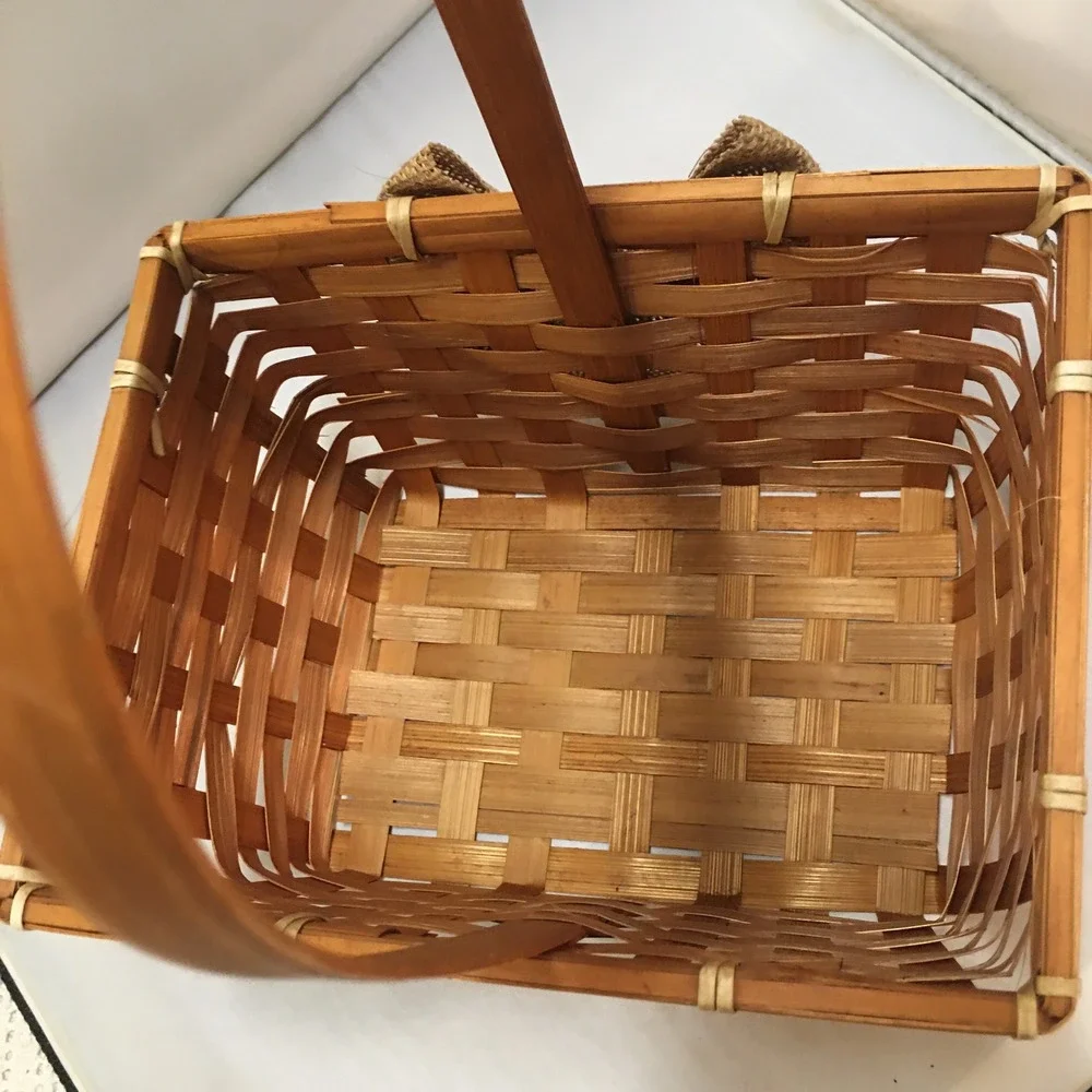 Woven Wood Basket Unisex Small Brown‎ Burlap Bow Rustic Decor Farmhouse